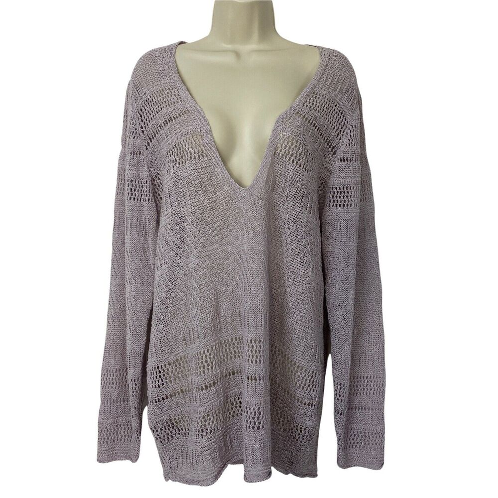 Coldwater Creek Tunic Sweater 1X Linen Blend Pastel Purple Crochet Cottage VNeck
